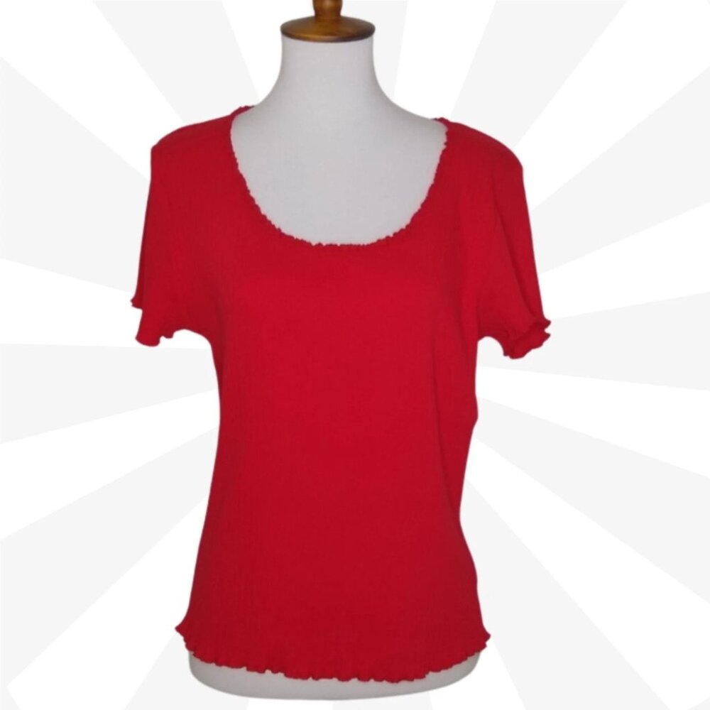 Ambiance Red Top Size 1X Scoop Neck Crochet Trim Short Sleeve Stretch Casual